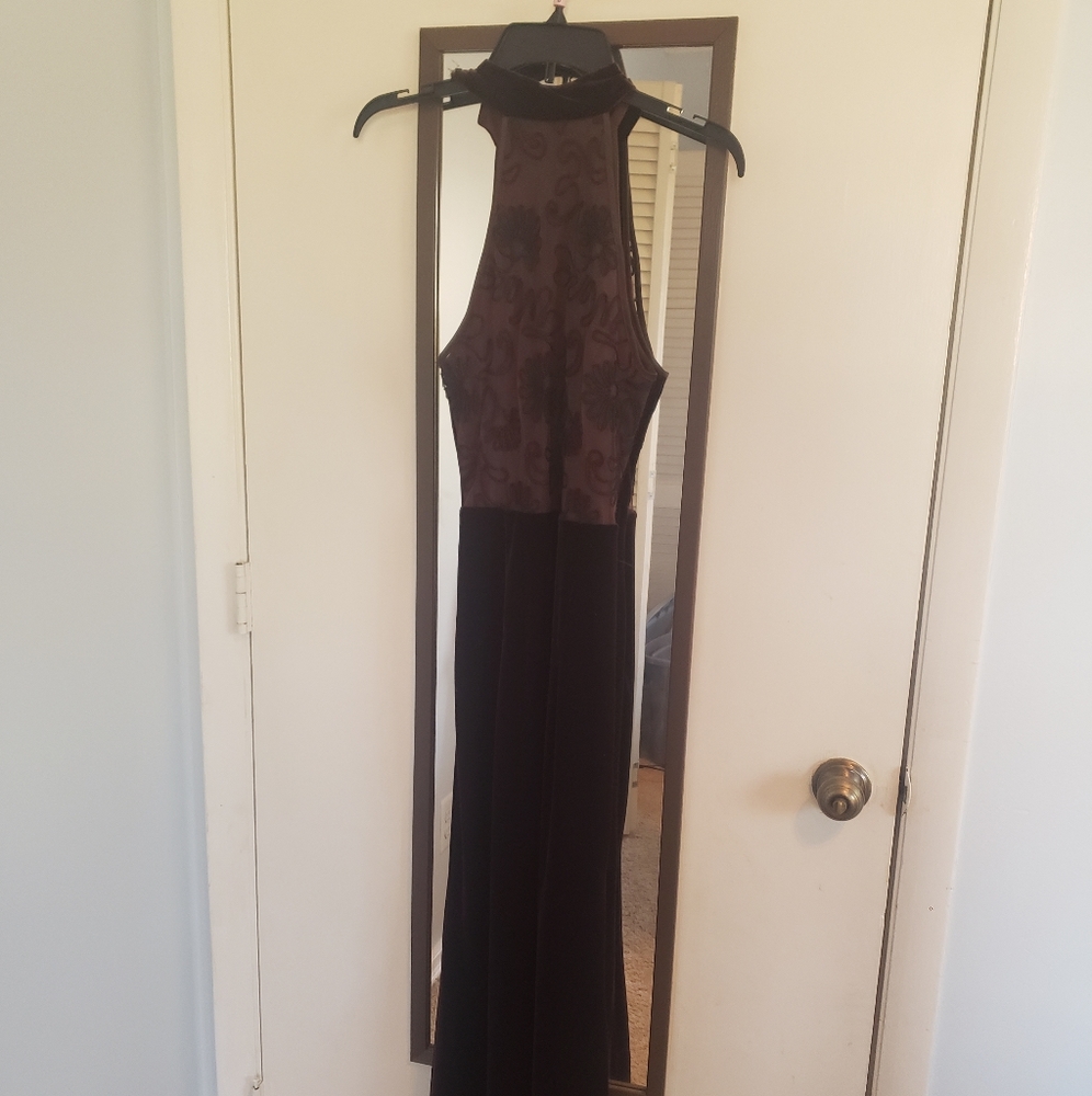 Chocolate Brown Velvet Maxi Halter Formal - Picture 2 of 9